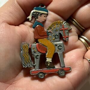 Vintage Kuhn Zinn Pewter Ornament Boy Rocking Horse Pendant Germany